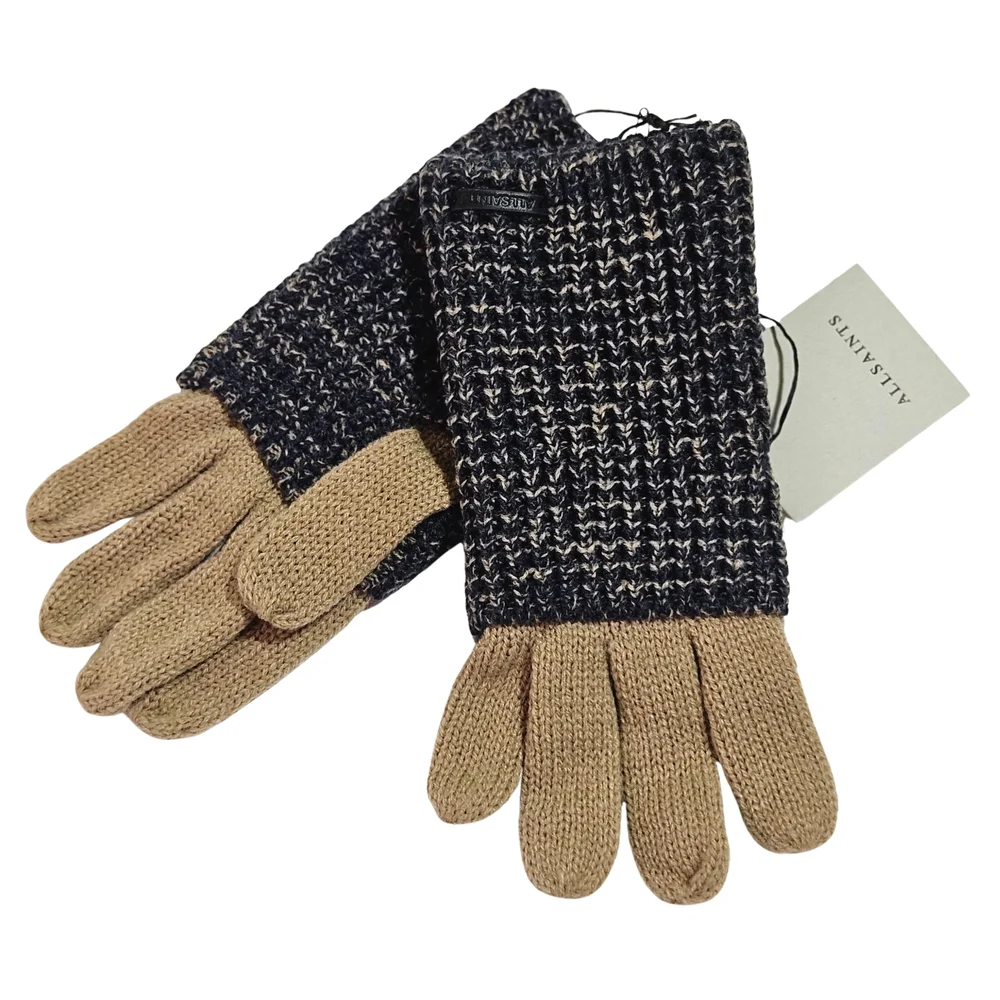All Saints Gloves Blue Tan Multi Angled Stitch Marled Wool Blend Knit Streetwear